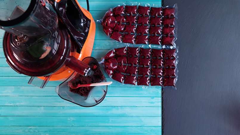 Aronia juice with pollen, ginger and lemon frozen in ice cube bags, photo 3