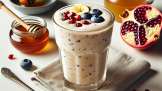 Sore throat shake with honey, pomegranate seeds, yogurt, blueberries and banana
